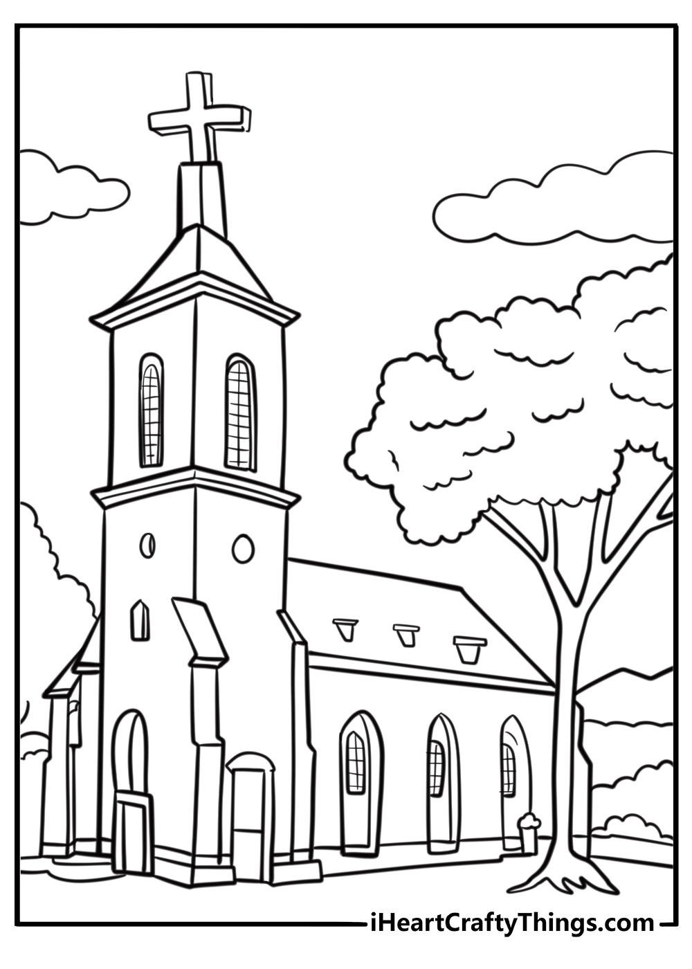 Church with stained glass windows free coloring page pdf