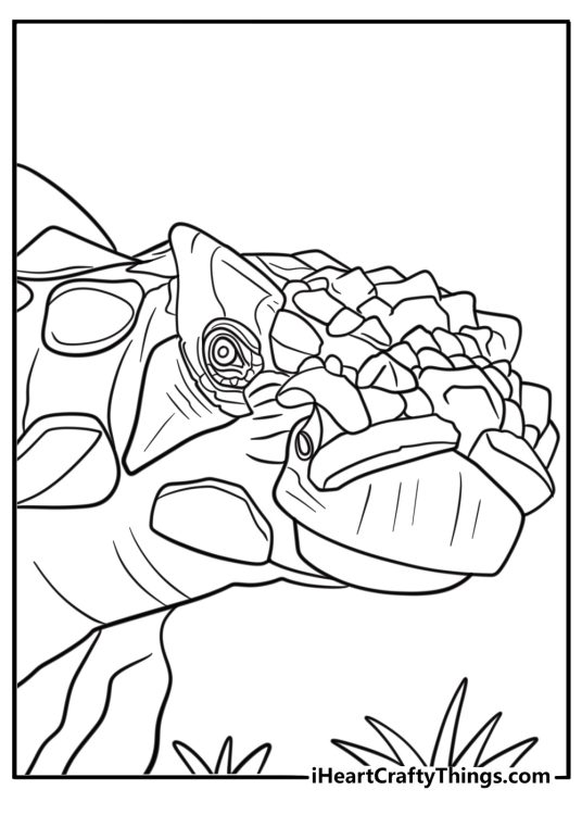 Close up of ankylosaurus head with spiky armor coloring page