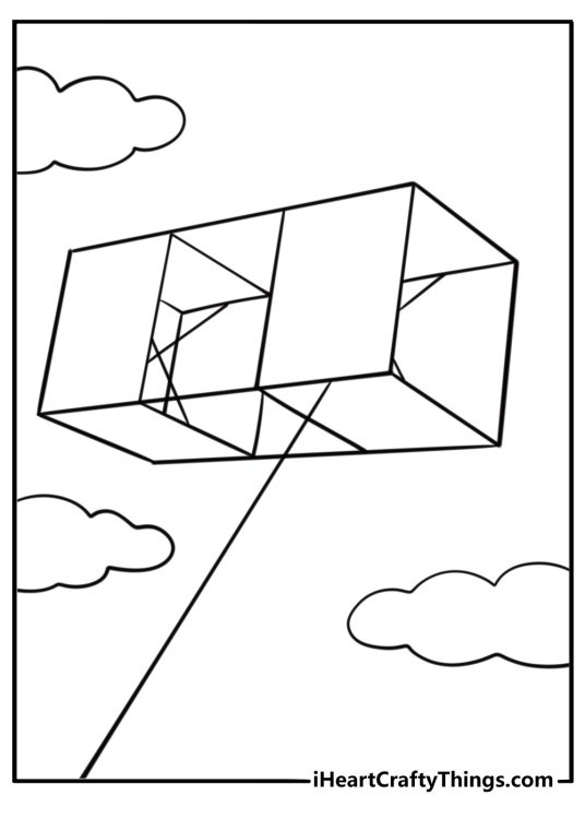 Colorful box kite floating in the wind free coloring sheet