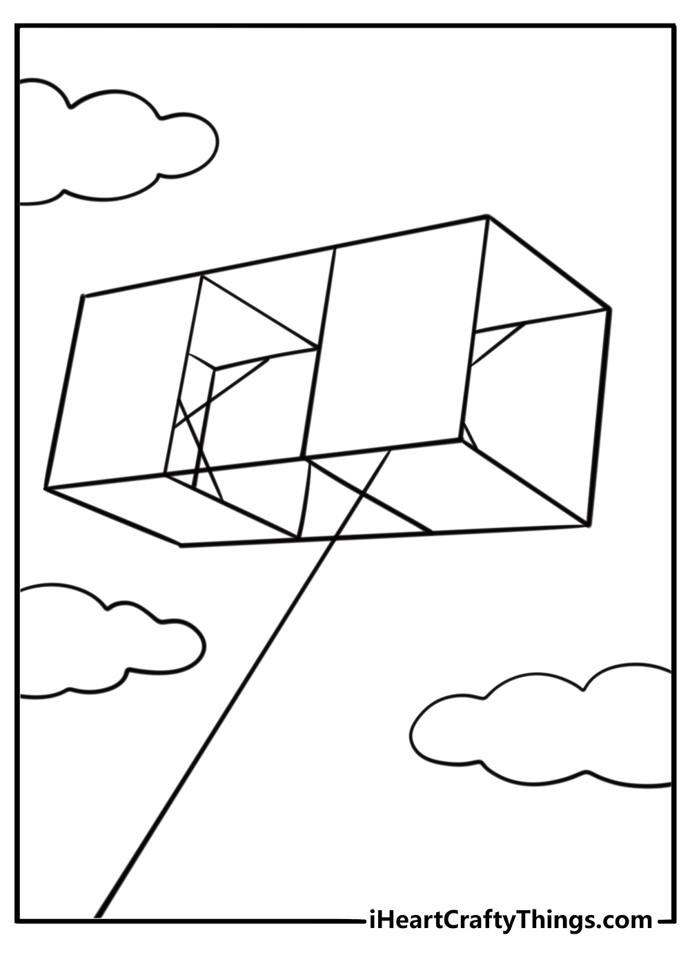 Colorful box kite floating in the wind free coloring sheet