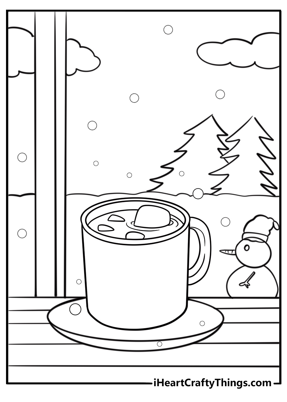 Cozy winter scene with hot chocolate free coloring page pdf