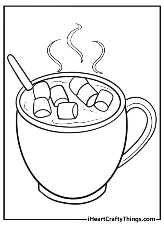 Cup of steaming hot cocoa with a spoon fun coloring sheet