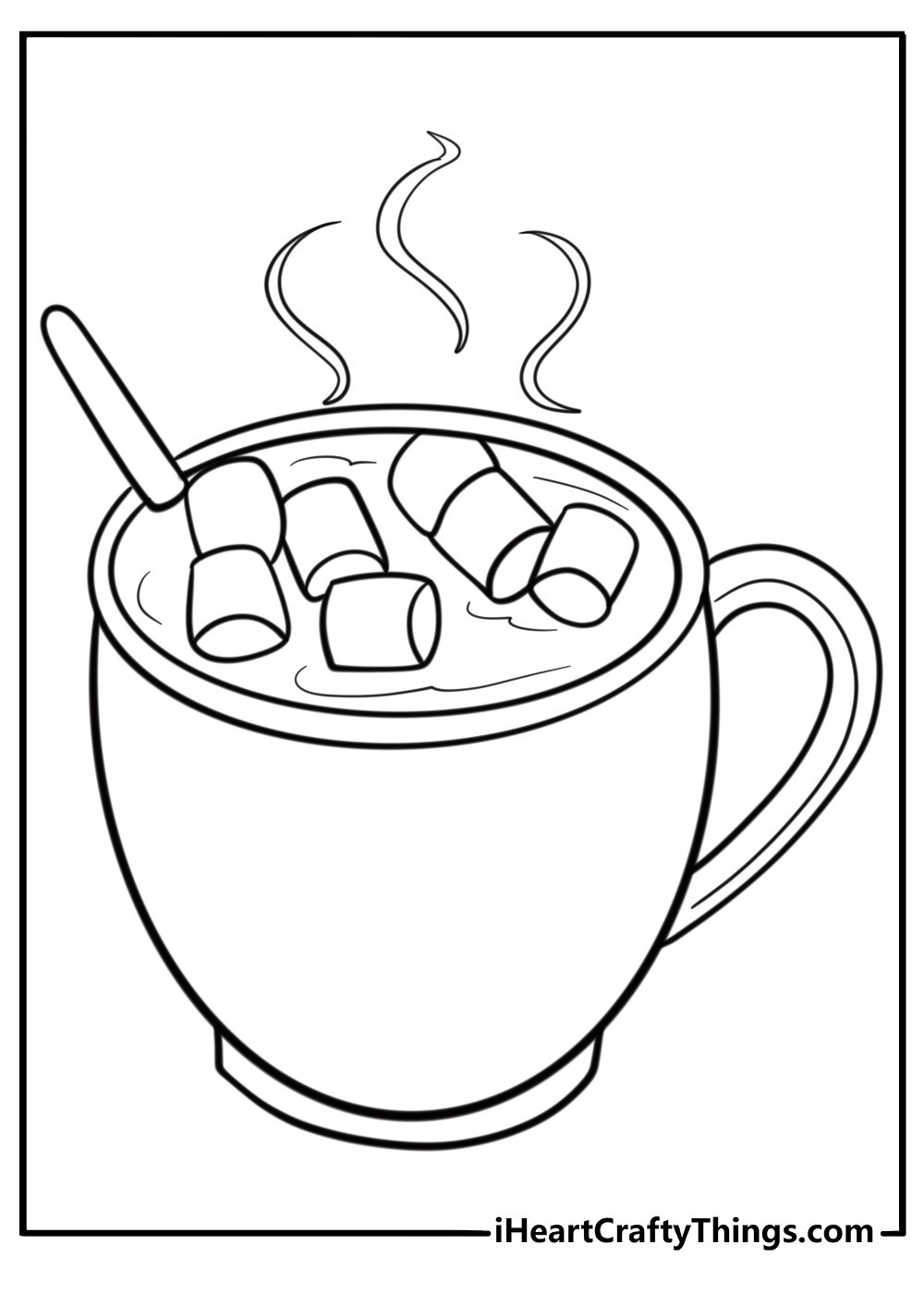 Cup of steaming hot cocoa with a spoon fun coloring sheet