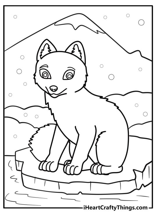 Cute arctic fox with fluffy fur coloring sheet
