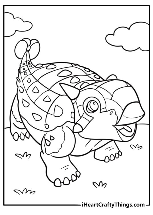 Cute cartoon ankvlosaurus standing in grass coloring page