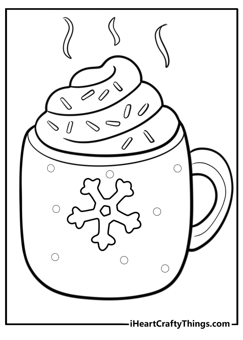 Cute cartoon hot chocolate in a festive cup printable coloring sheet