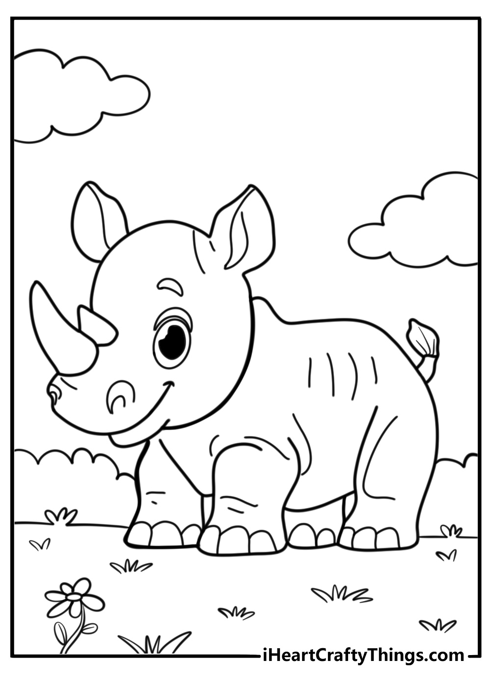 Cute cartoon rhino with a big smile free coloring page