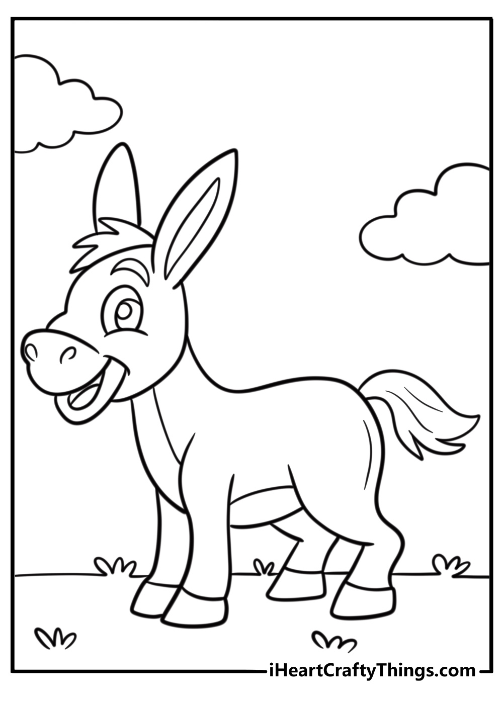 Cute donkey standing in a field coloring page for kids