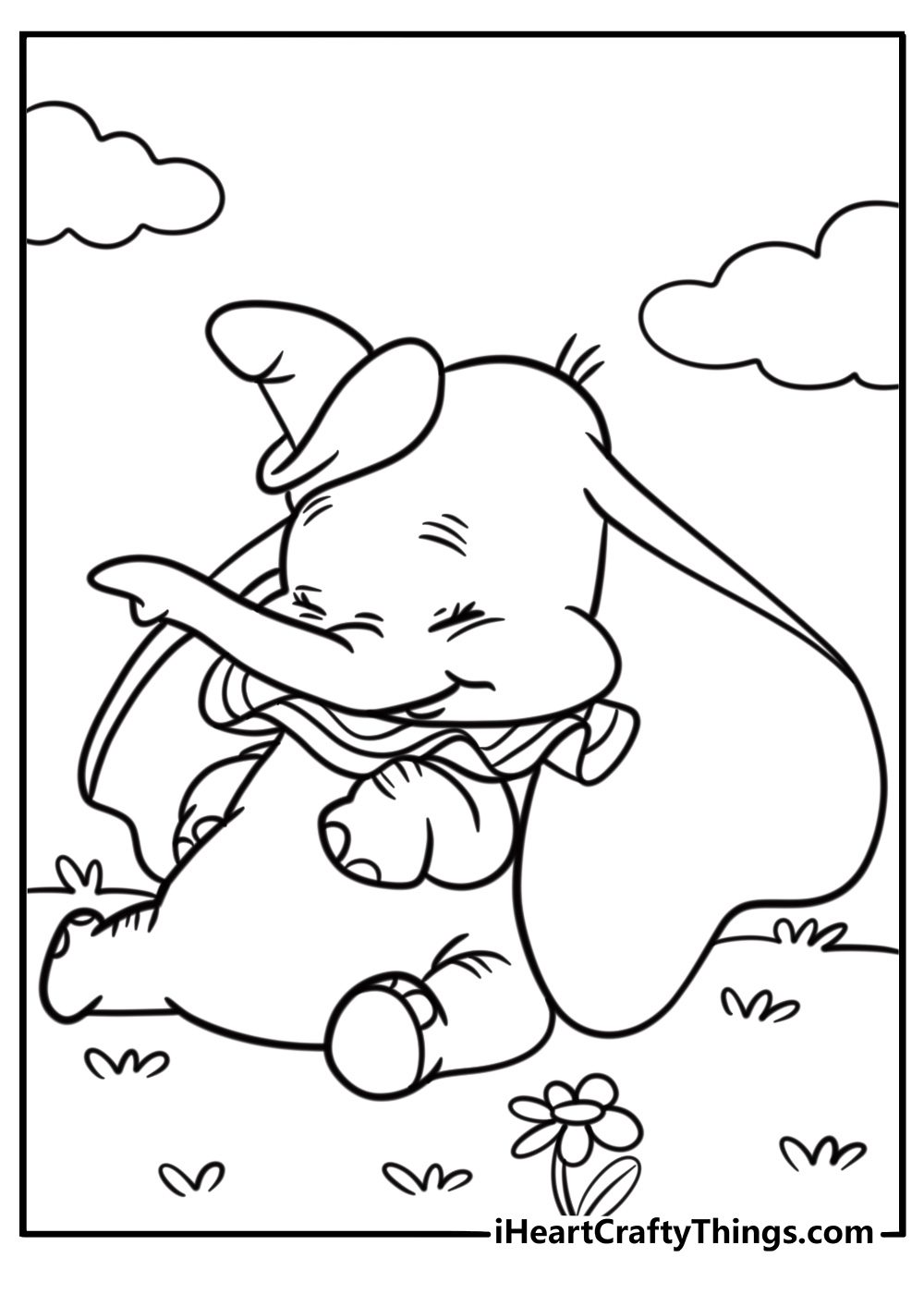 Cute Dumbo sitting down with a happy face coloring sheet