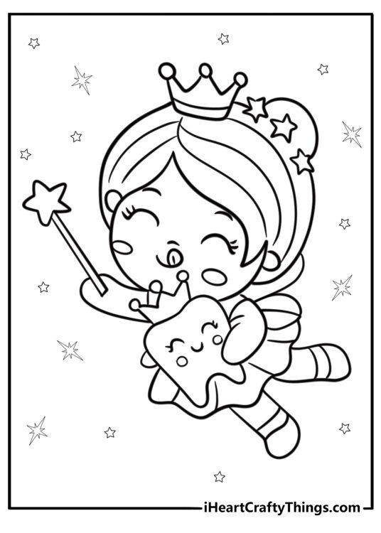 Cute tooth fairy flying with sparkling wings coloring sheet