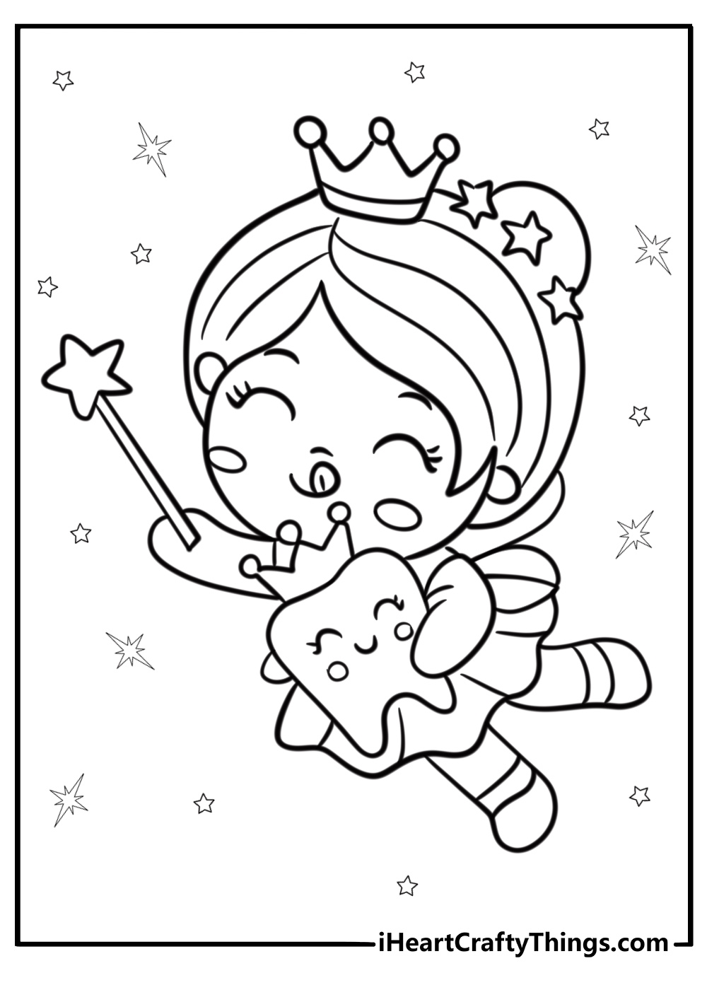 Cute tooth fairy flying with sparkling wings coloring sheet