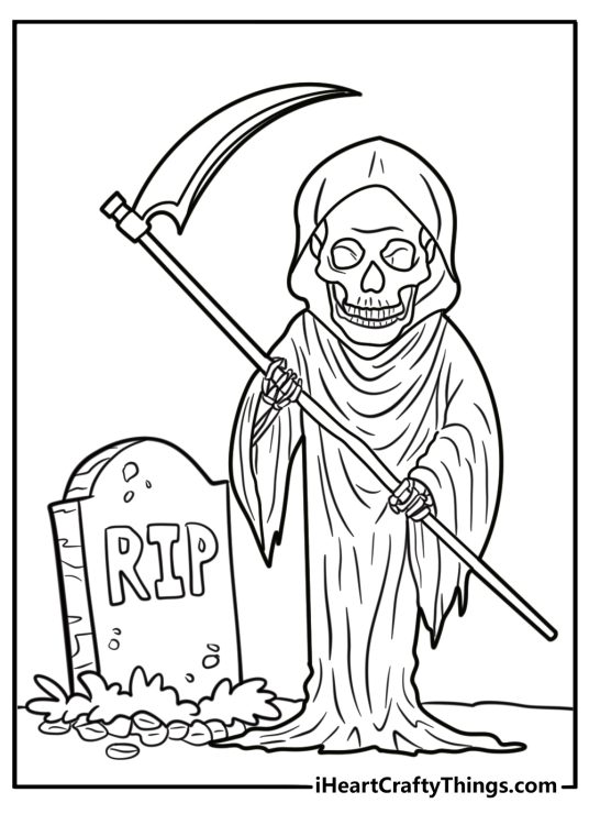 Dark grim reaper standing by a tombstone detailed coloring sheet
