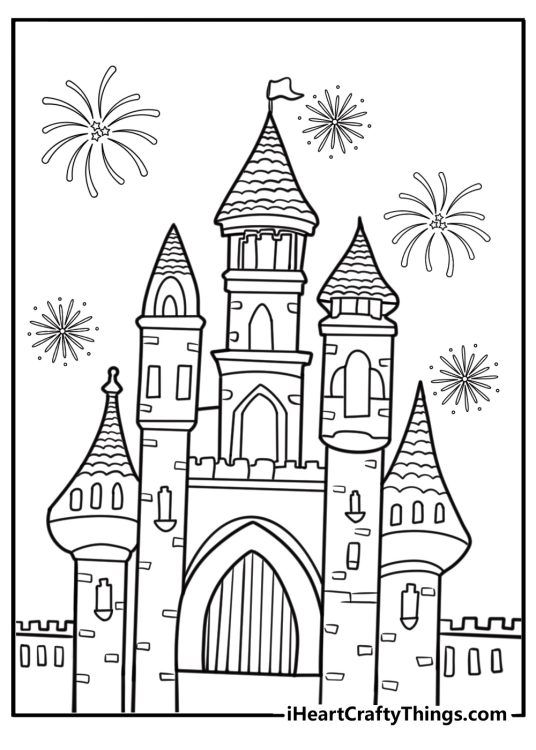 Disneyland castle with fireworks printable coloring sheet