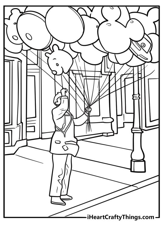 Disneyland Main Street with shops and balloons fun coloring sheet