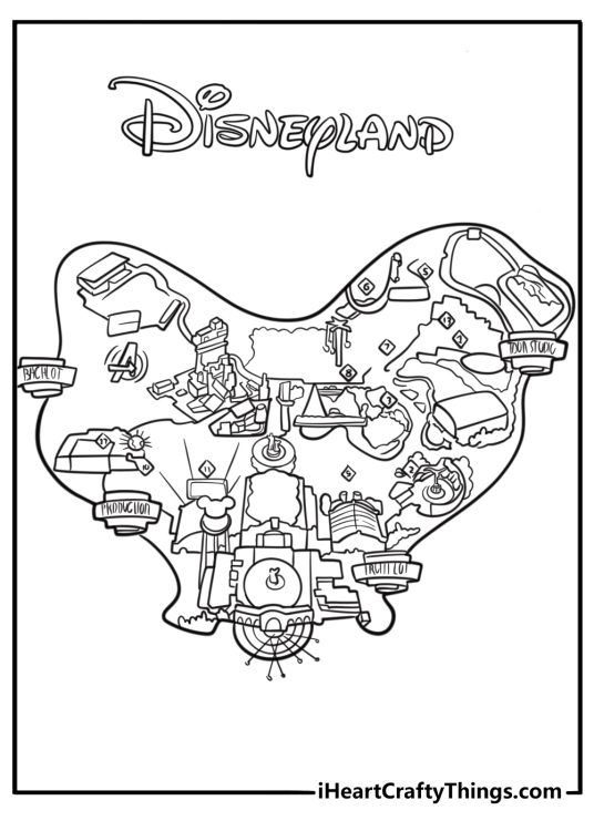 Disneyland park map with attractions fun coloring page
