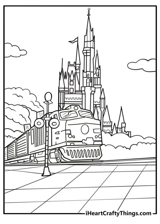 Disneyland train station with steam train coloring page