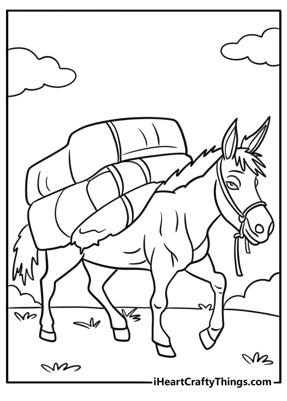 Donkey carrying a load on its back fun printable coloring sheet