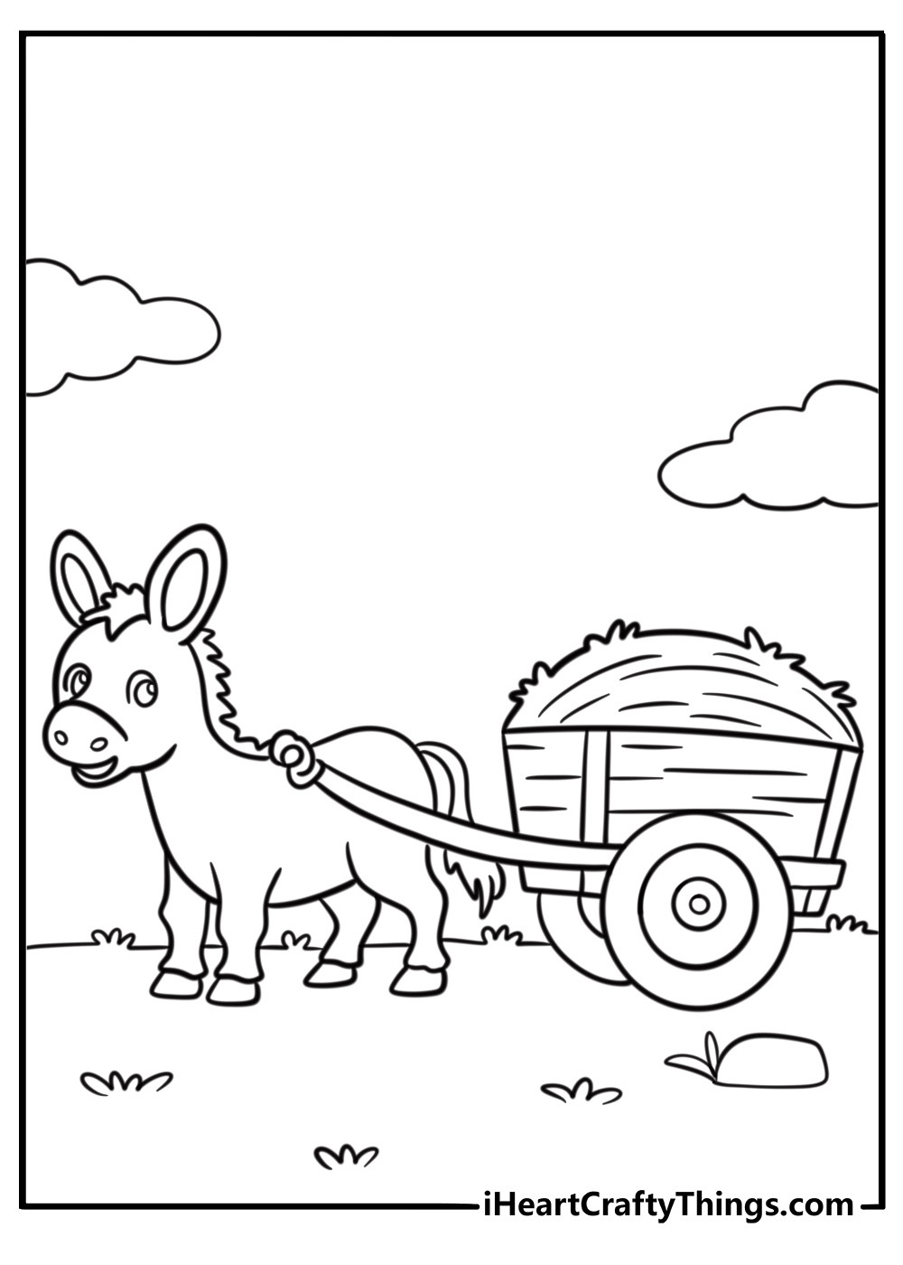 Donkey pulling a wooden cart coloring page for kids