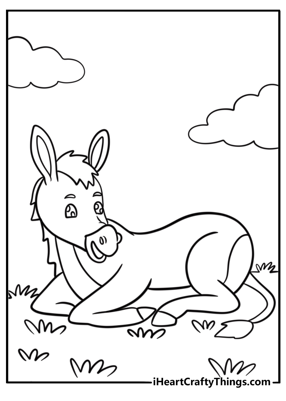 Donkey resting in a grassy field detailed coloring sheet