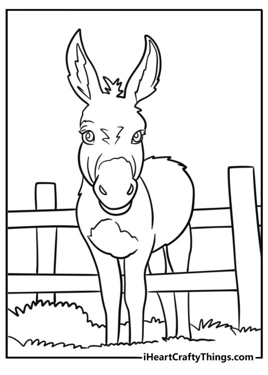 Donkey standing by a wooden fence coloring page