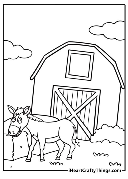 Donkey standing near a barn fun farm animal coloring sheet