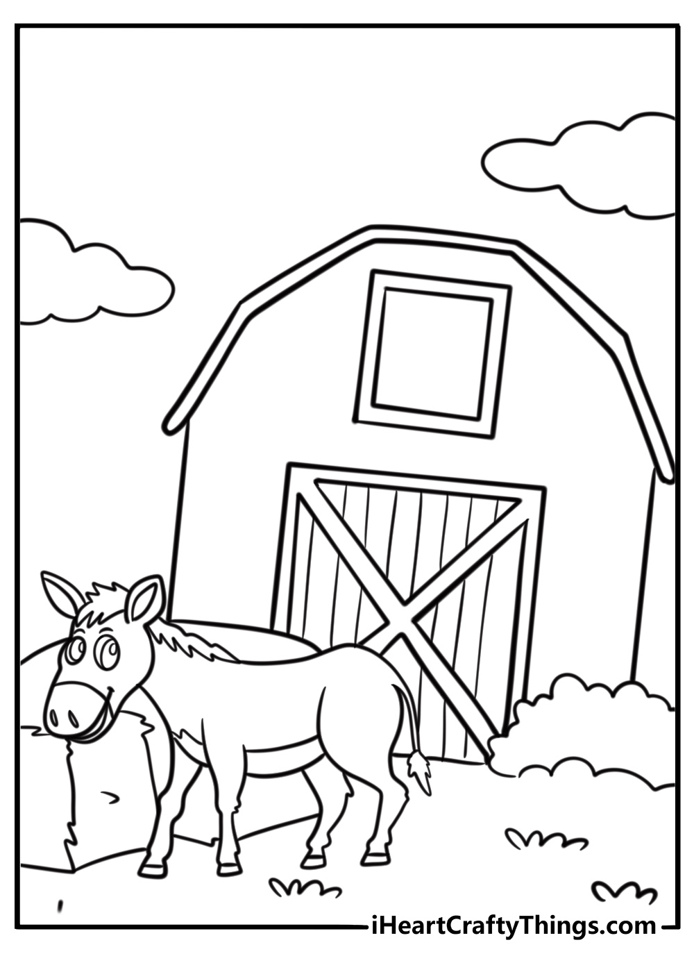 Donkey standing near a barn fun farm animal coloring sheet