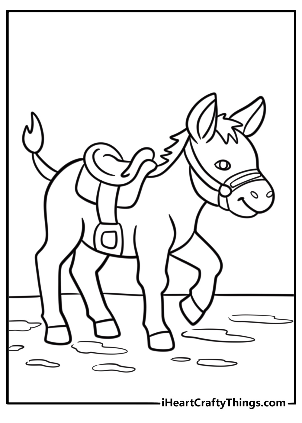 Donkey walking on a dirt path detailed coloring sheet