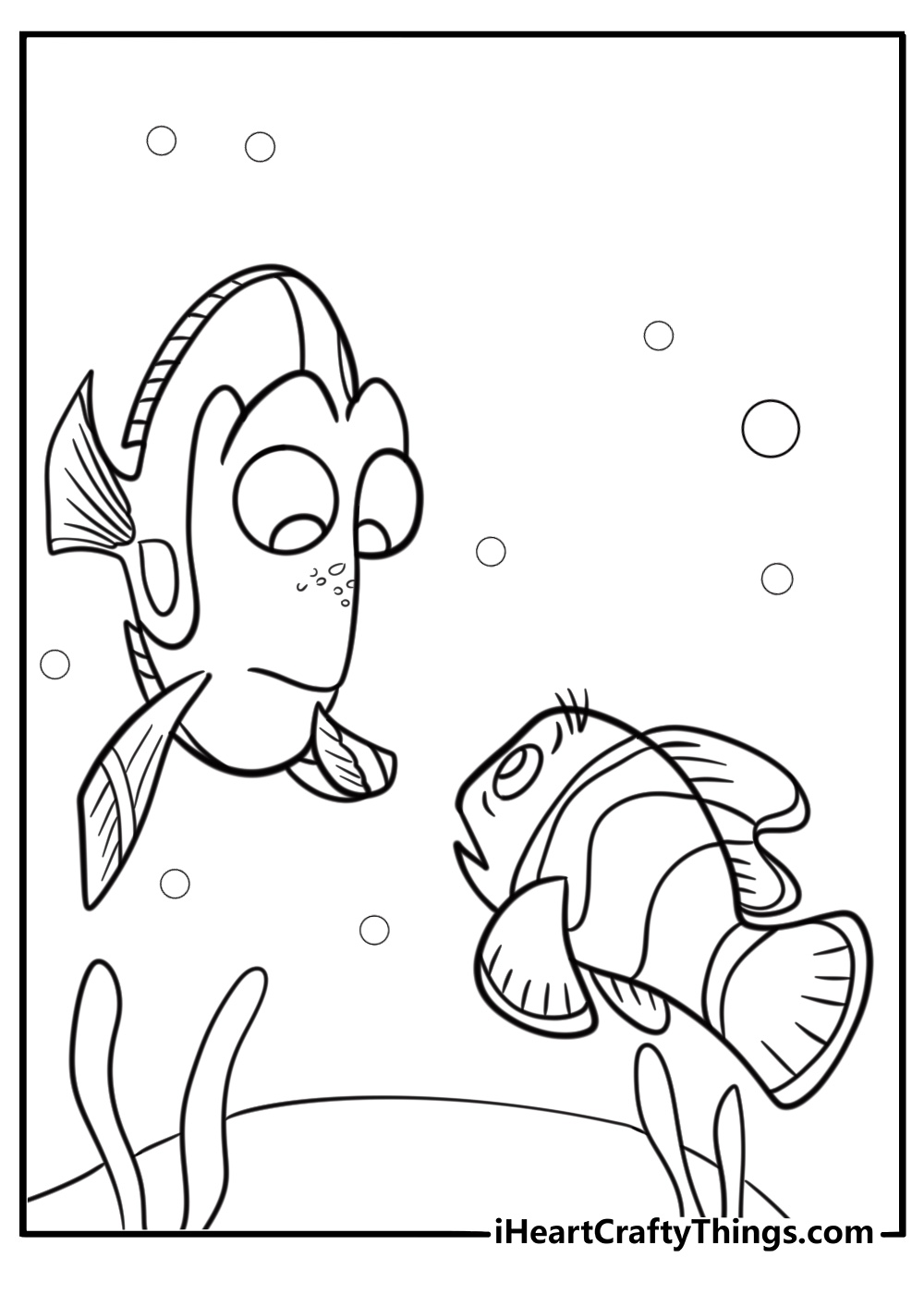 Dory and Nemo looking for clues free coloring page pdf