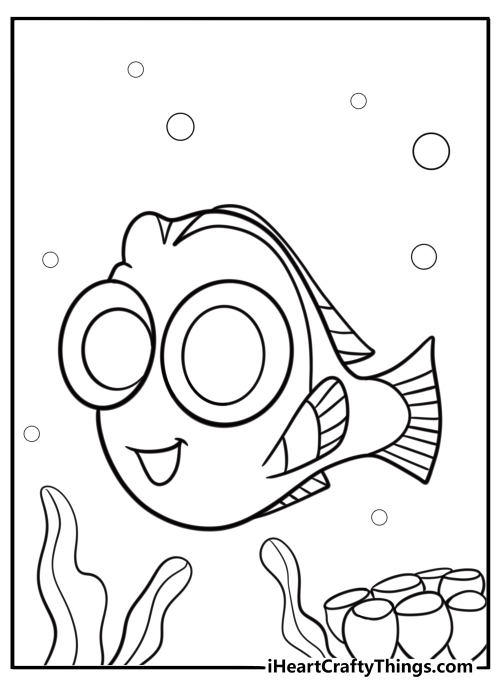 Dory smiling and swimming coloring page for kids