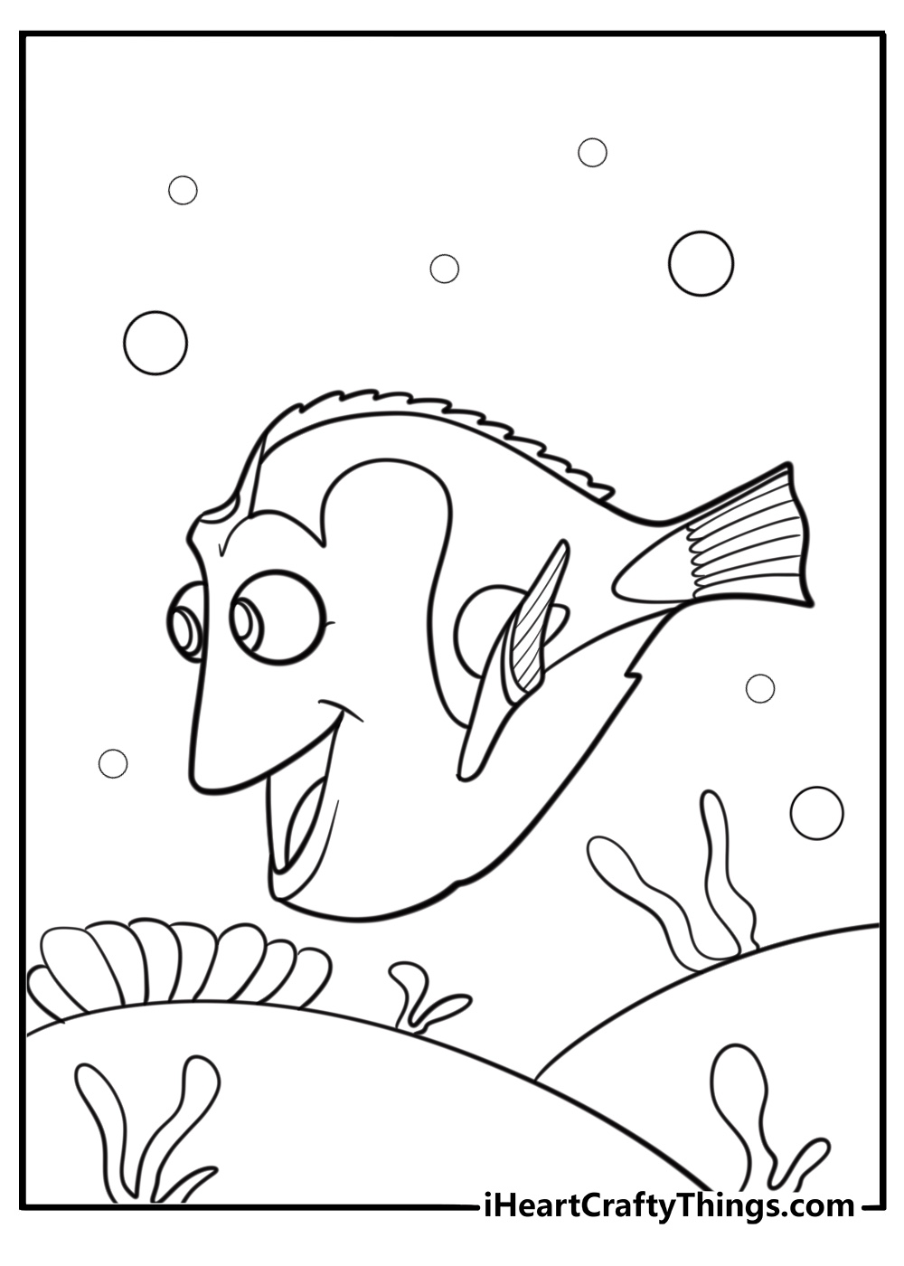 Dory swimming near a coral reef detailed coloring sheet