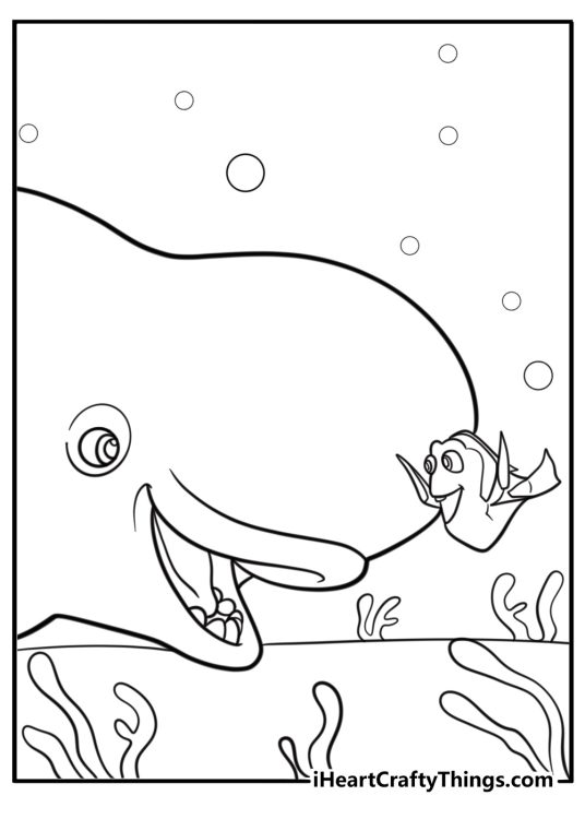 Dory talking to Bailey the beluga fun coloring sheet