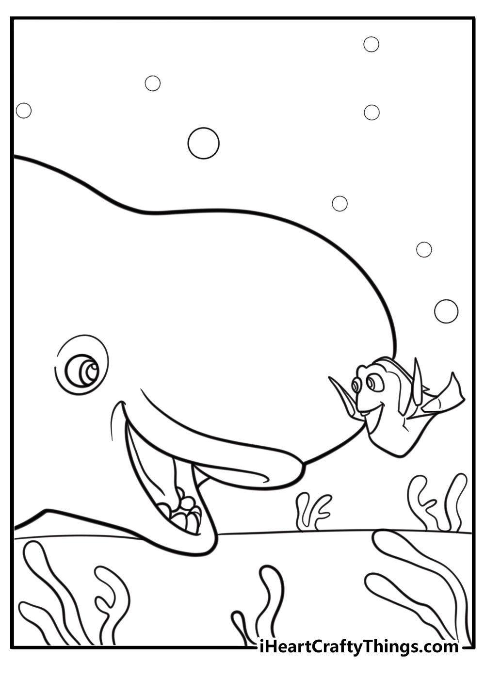 Dory talking to Bailey the beluga fun coloring sheet