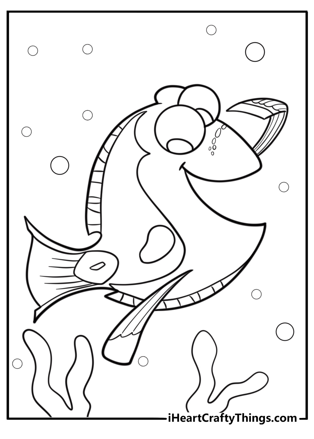 Dory with a happy expression coloring page