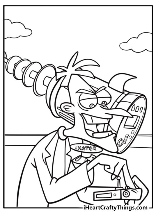 Dr Doofenshmirtz pressing a button on his latest inator detailed coloring sheet