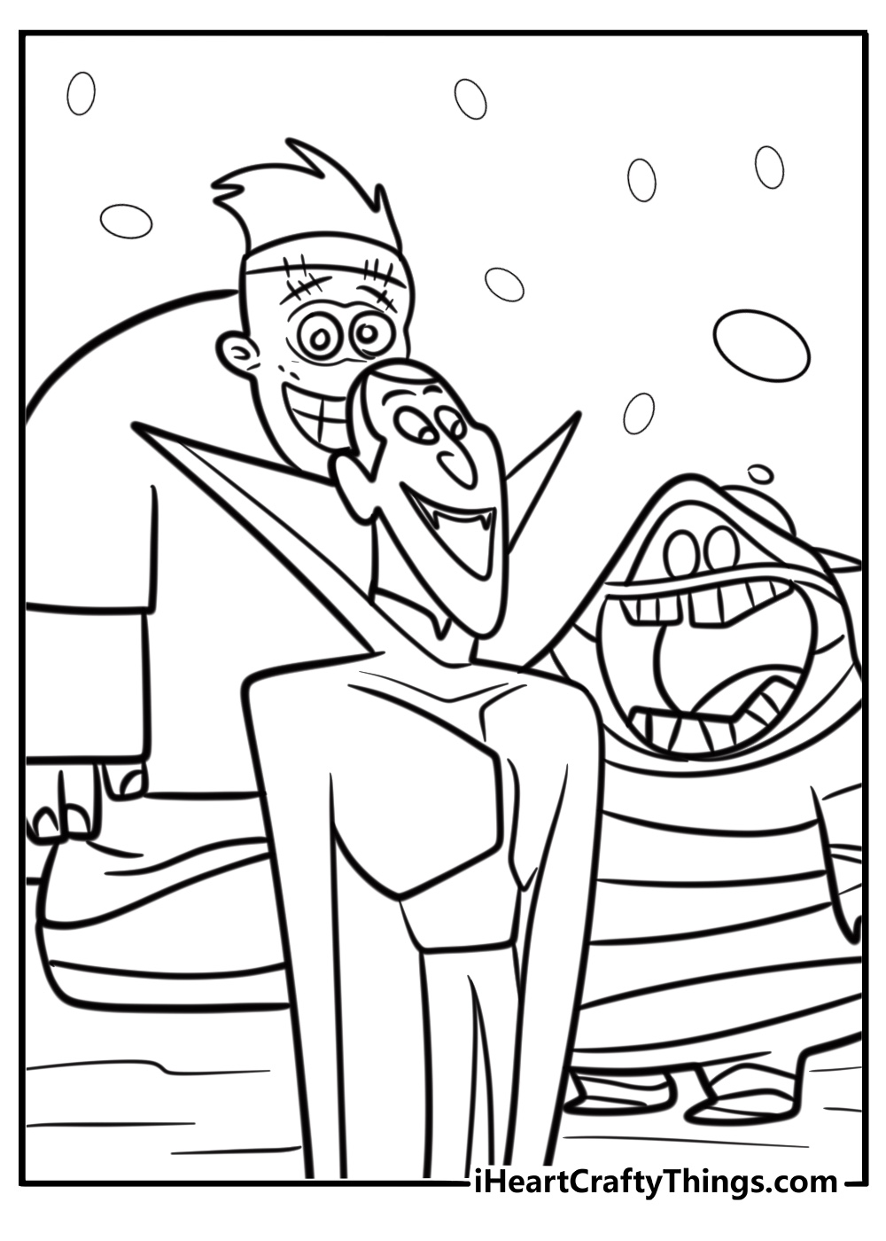 Dracula and his monster friends laughing fun coloring sheet