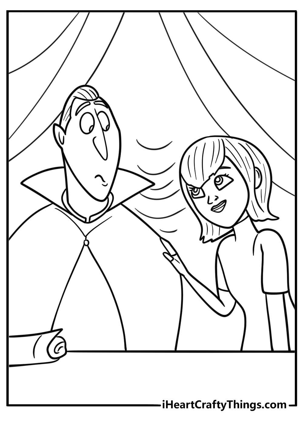 Dracula and Mavis together in the hotel lobby printable coloring sheet