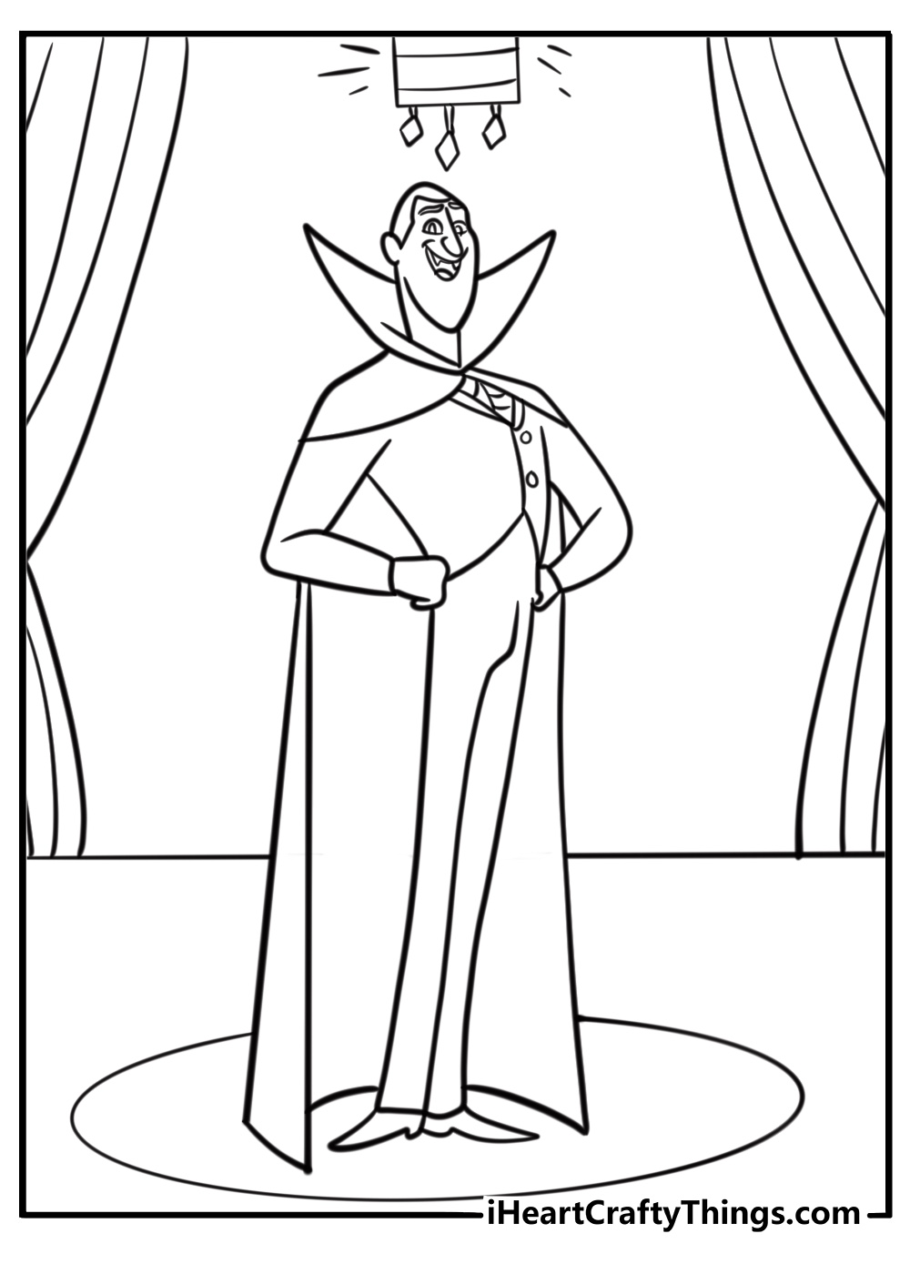 Dracula hosting a monster party in the hotel ballroom fun coloring sheet