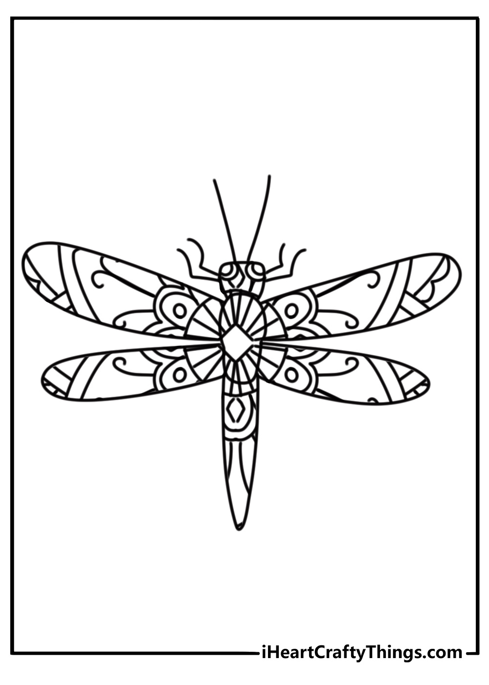 Dragonfly mandala with geometric shapes fun coloring sheet