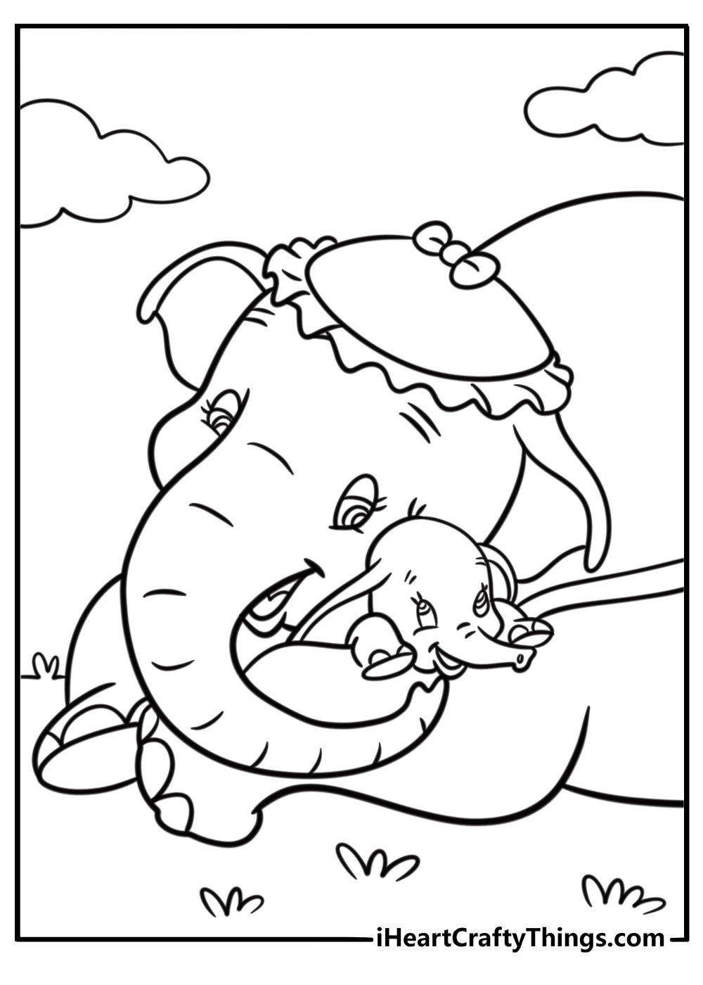 Dumbo and his mother hugging heartwarming coloring sheet