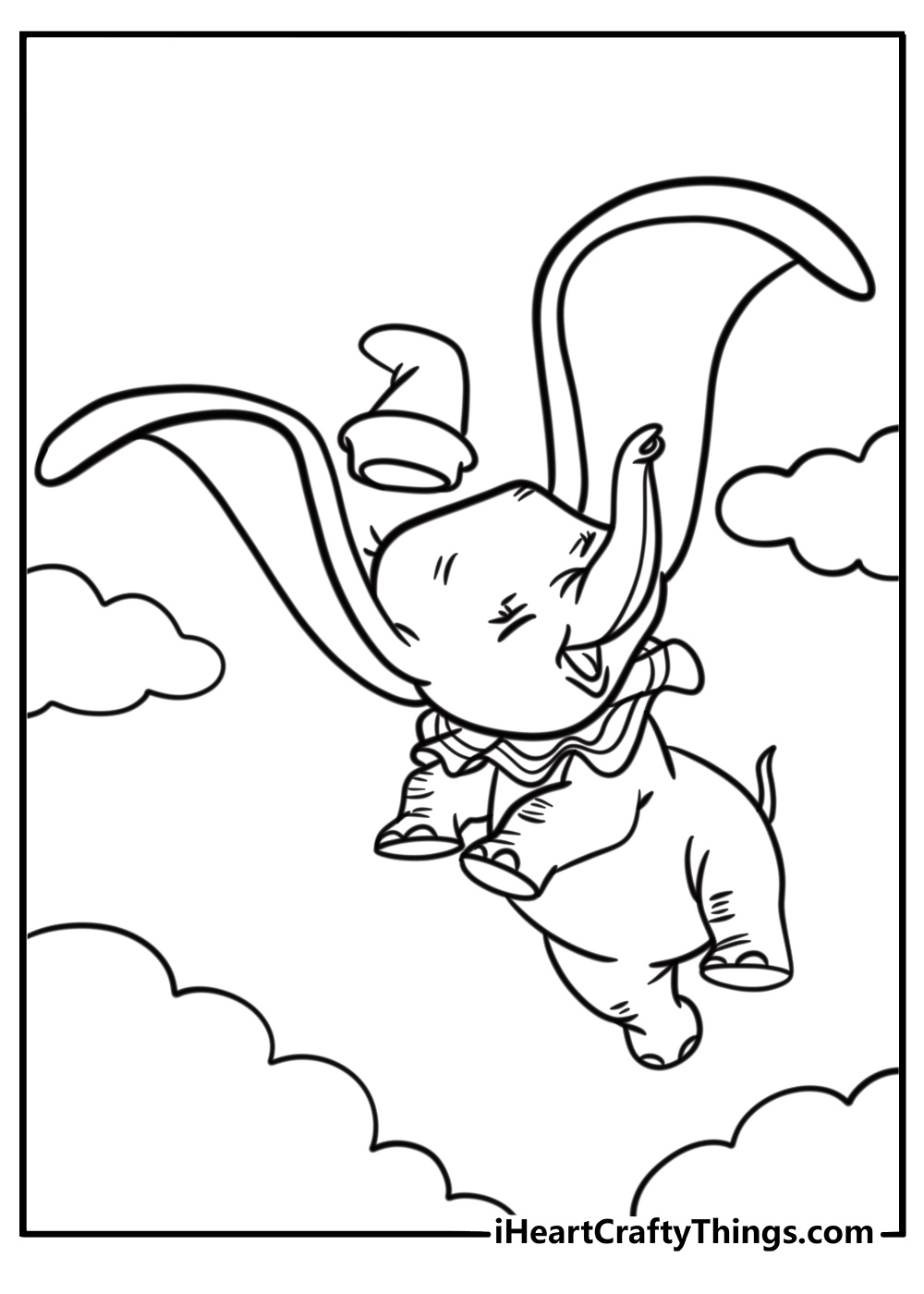 Dumbo flying with his big ears coloring page for kids