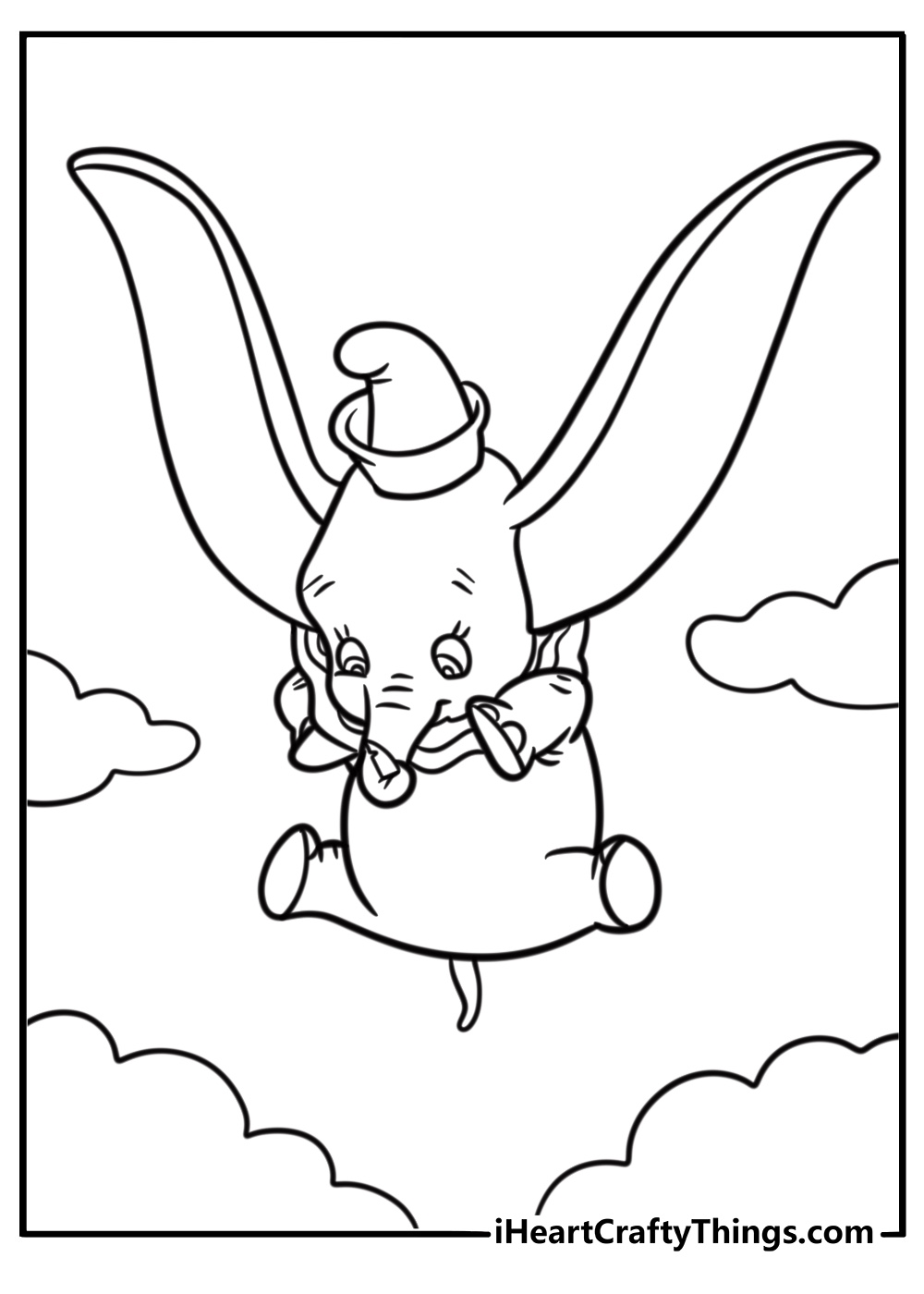 Dumbo happily flying through the sky cute coloring page