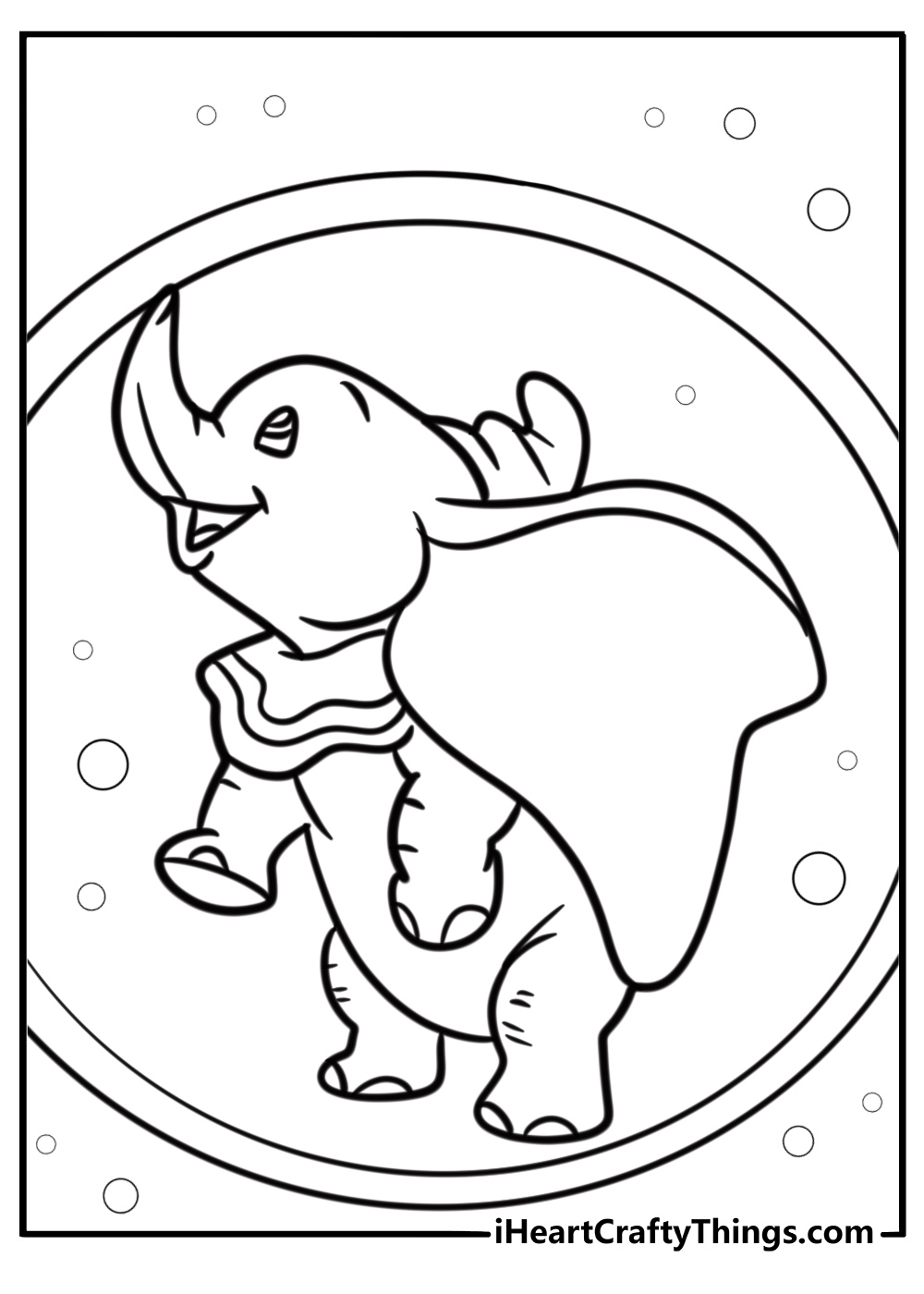 Dumbo standing in the circus ring free printable coloring page