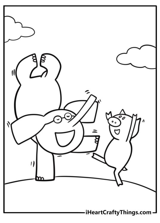 Elephant and Piggie dancing together free printable coloring page