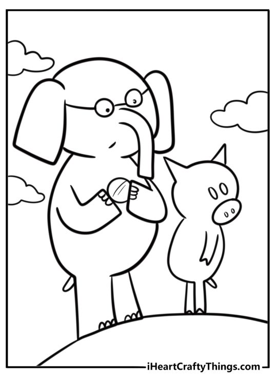 Elephant and Piggie playing catch free coloring page pdf