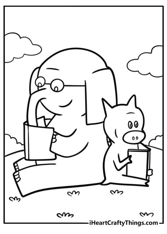 Elephant and Piggie reading a book free coloring page pdf