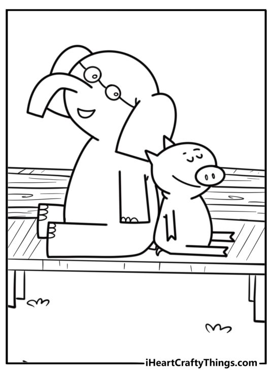 Elephant and Piggie sitting on a bench free printable coloring page
