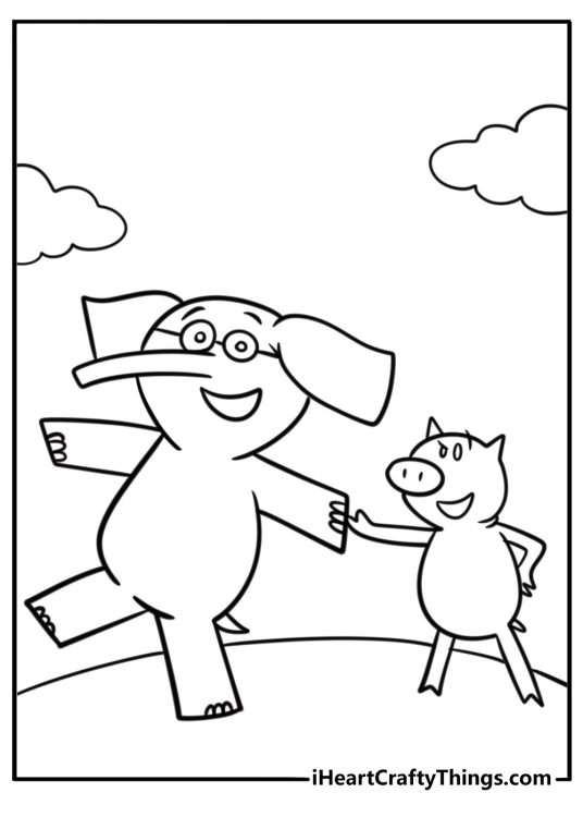 Elephant Gerald and Piggie holding hands printable coloring page