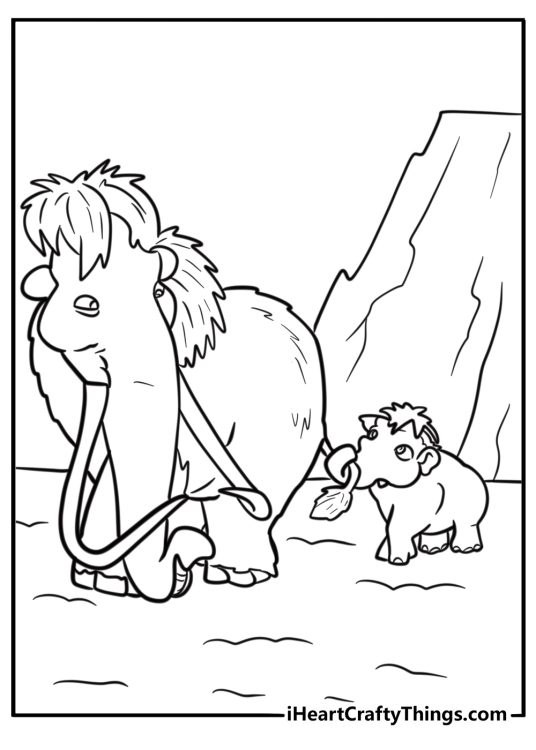 Ellie and Peaches walking in the snowy landscape free coloring page pdf