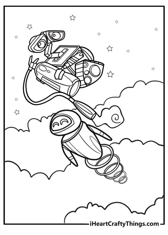 Eve and wall e flying through space detailed coloring sheet