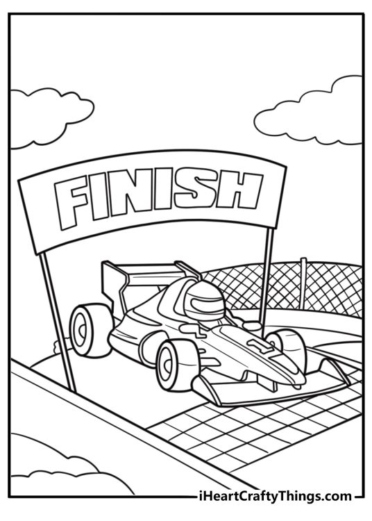 F1 car crossing the finish line free coloring page pdf